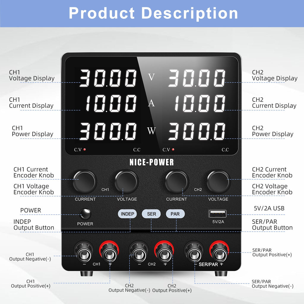 NICE-POWER SPS3010-2KD - 30V 10A Dual Independent Output Power Supply Negative Voltage Output for DC Motor Scenarios