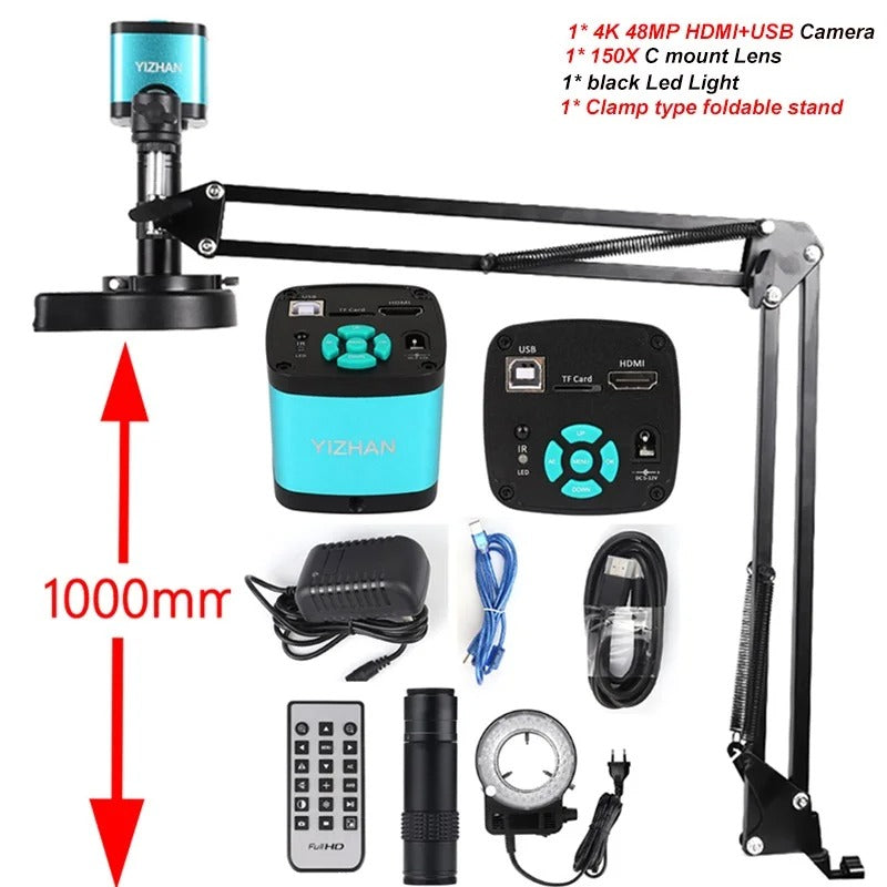 YIZHAN 48MP Digital Microscope 4K Video Recording USB HDMI Industrial Microscope Camera 150X C-mount Lens with Foldable Stand for Soldering