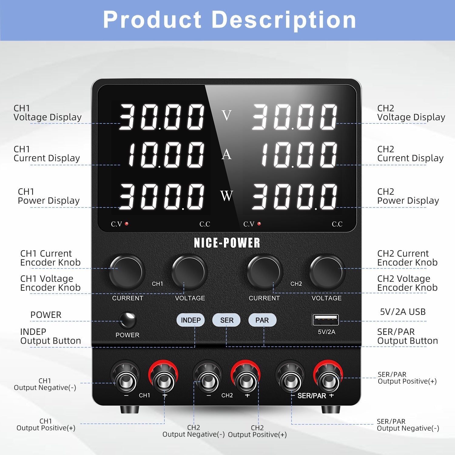 NICE-POWER SPS3010-2KD - 30V 10A Dual Independent Output Power Supply Negative Voltage Output for DC Motor Scenarios