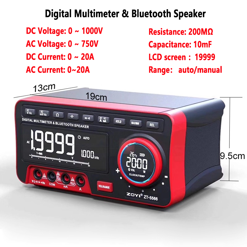 4 ½ digit Multimeter with Bluetooth speaker DC 1000V AC 750V 20A 200MΩ 6MHz Bench Clock alarm thermometer 3D stereo surround sound for Study/Work Spaces