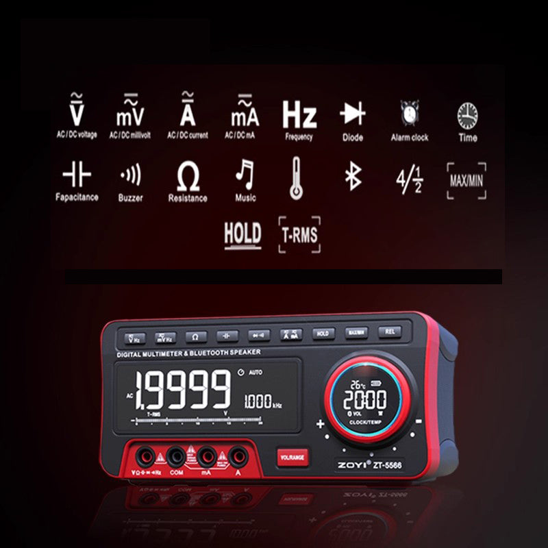 4 ½ digit Multimeter with Bluetooth speaker DC 1000V AC 750V 20A 200MΩ 6MHz Bench Clock alarm thermometer 3D stereo surround sound for Study/Work Spaces