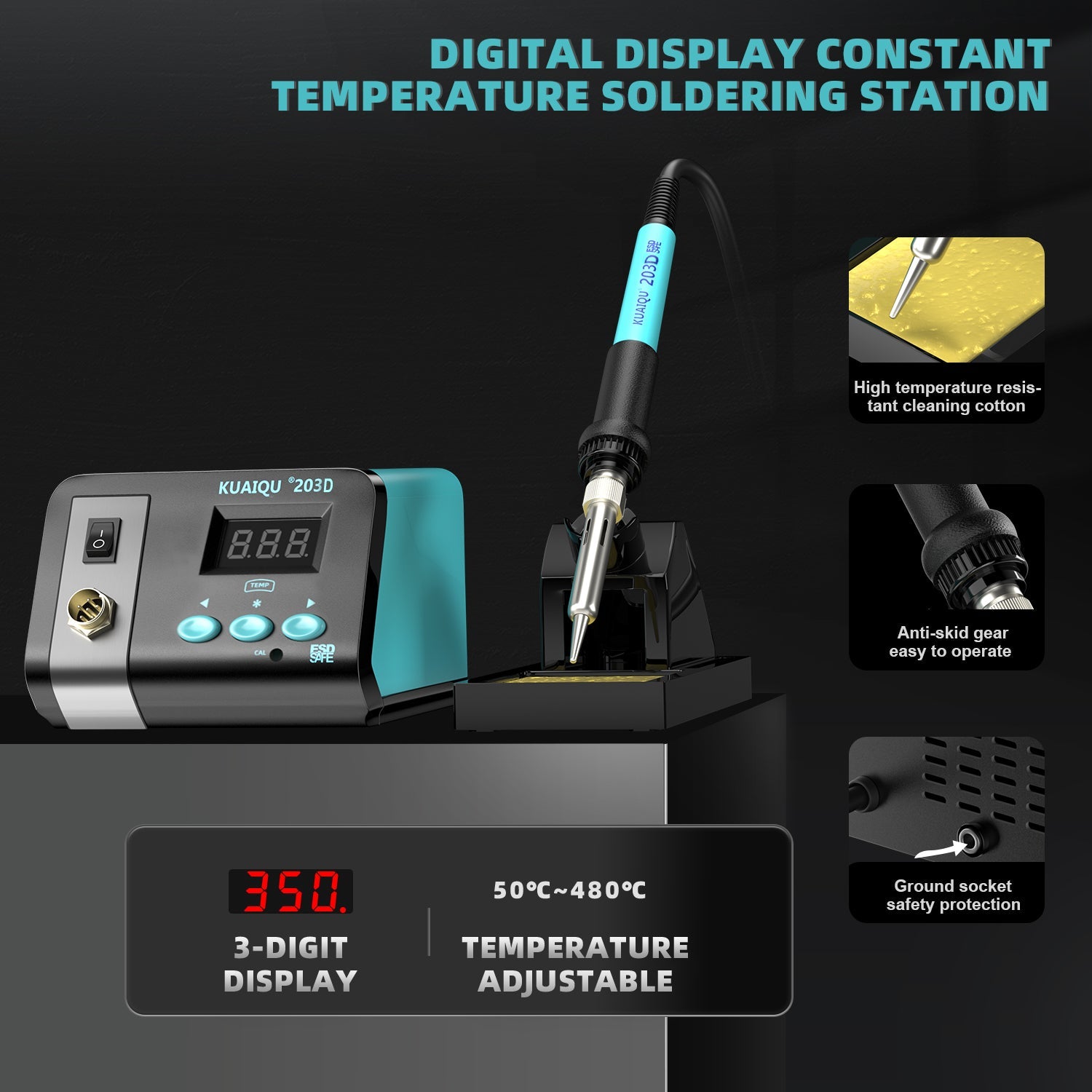 KUAIQU-203D 75W Professional Digital Soldering Station, 90-480°C Temp Control, Auto Sleep, LCD Display for Phone PCB Repair  15 sold in last 10 hours