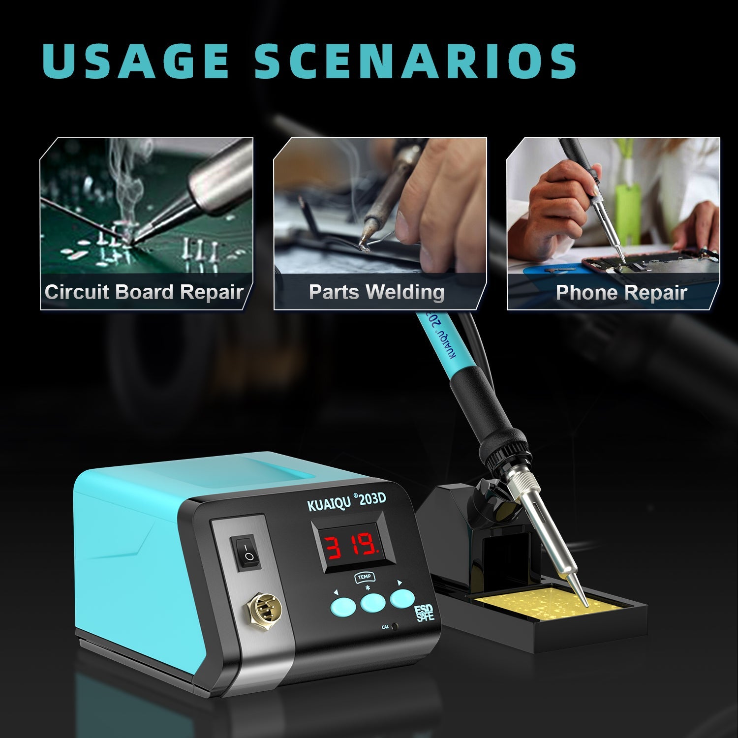 KUAIQU-203D 75W Professional Digital Soldering Station, 90-480°C Temp Control, Auto Sleep, LCD Display for Phone PCB Repair  15 sold in last 10 hours