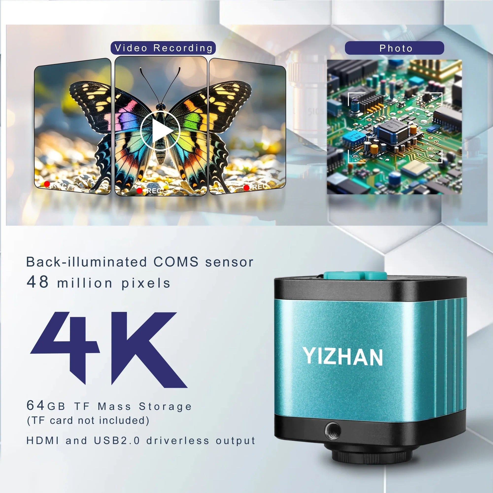 YIZHAN 48MP Digital Microscope 4K Video Recording USB HDMI Industrial Microscope Camera 150X C-mount Lens with Foldable Stand for Soldering